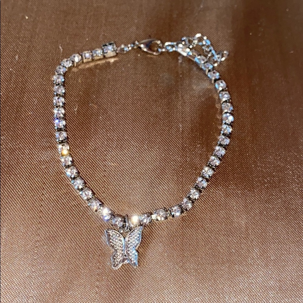Silver butterfly rhinestone anklet